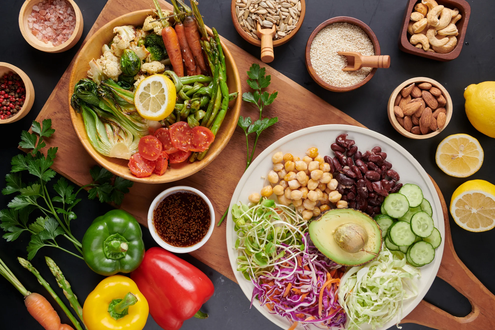 Fermented foods and root vegetables on slate